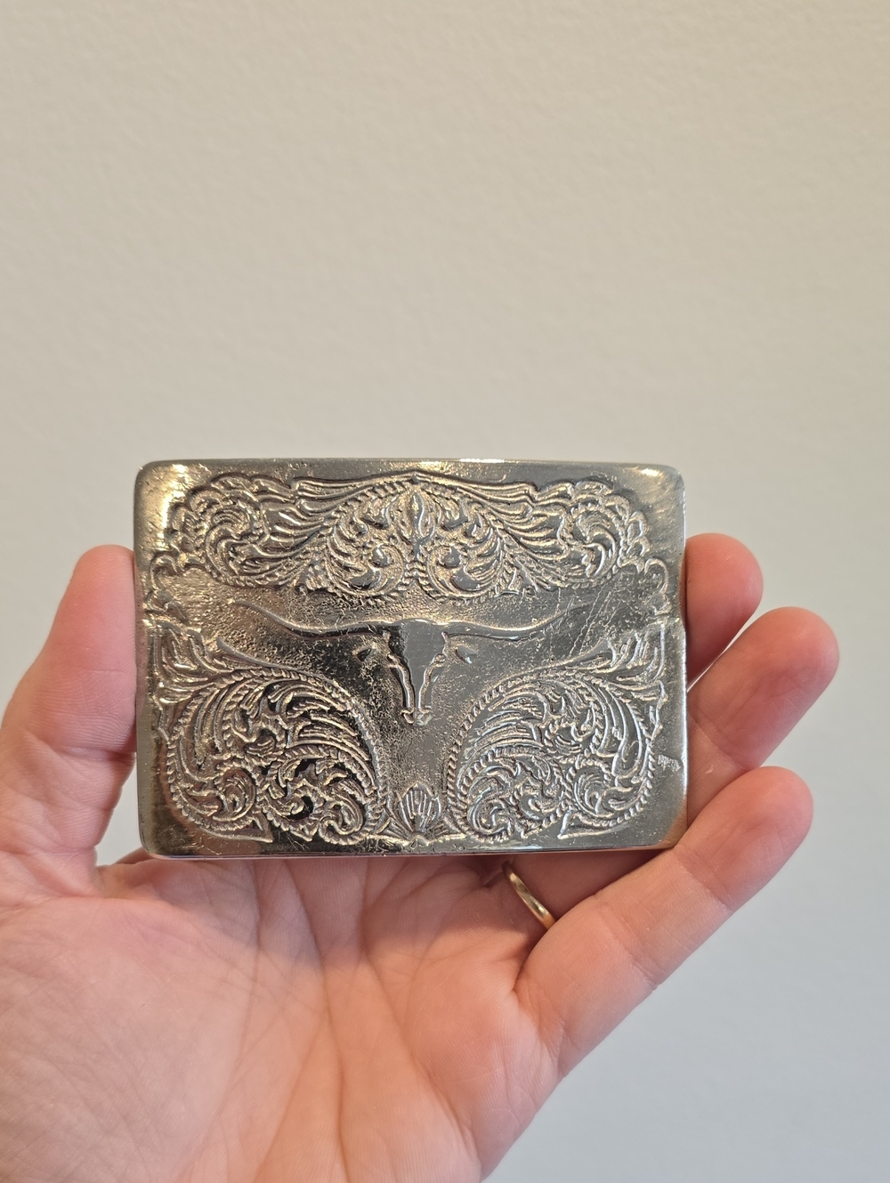 Vintage Engraved Silver-Tone Floral Longhorn Belt Buckle Western